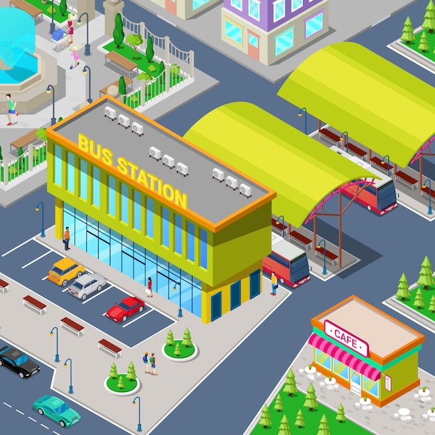 Isometric City Bus Station with Buses, Parking Area, Restaurant and Park.