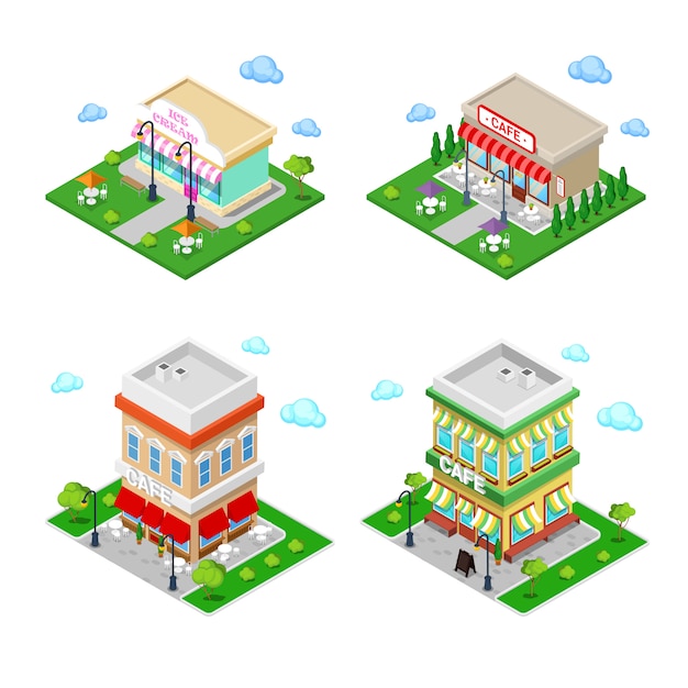 Isometric City. City Cafe with Tables and Trees.  