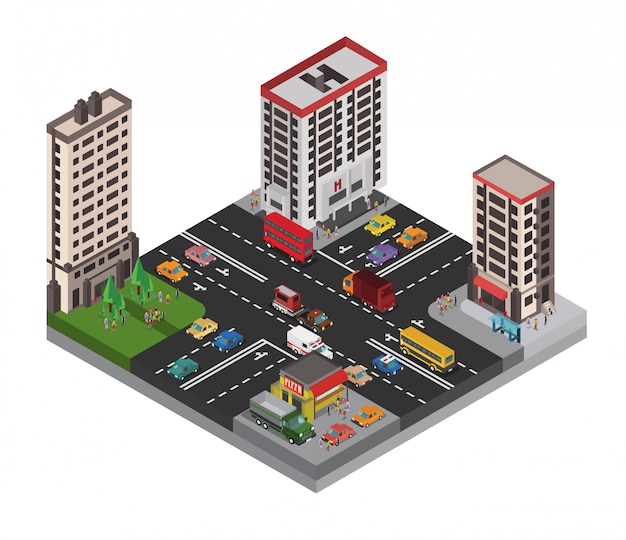 isometric city crossroad and streets with urban traffic