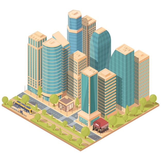 Isometric city district with skyscrapers roads and tram vector illustration