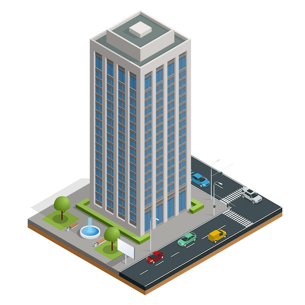 Isometric city houses composition with building and road isolated vector illustration. Collection of urban elements architecture, home, road, intersection, traffic light and cars.