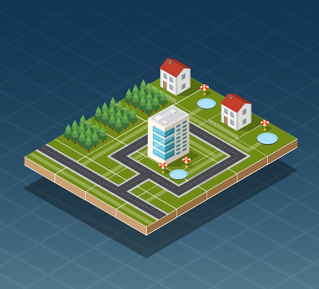 Isometric city map road, trees and building home elements 