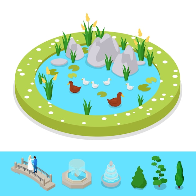 Isometric City Park Composition with Water Pond and Ducks