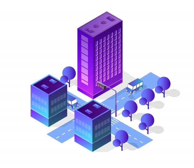 Isometric city set of violet colors building