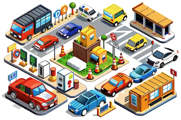 Vector isometric city street with cars trucks bus buildings and traffic signs