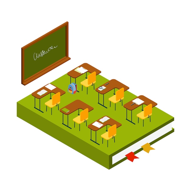 Isometric classroom . School room with chalkboard, class desks and chairs 3D illustration