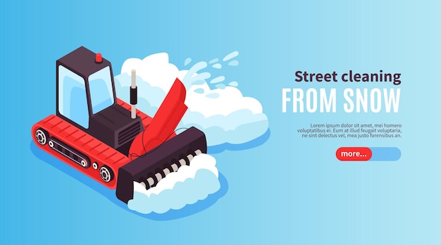 Isometric cleaning road horizontal banner with bulldozer clearing snow