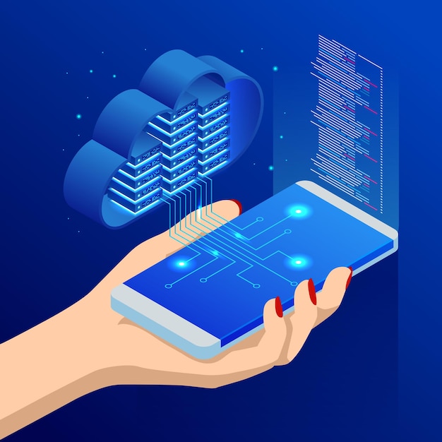 Isometric Cloud Computing concept. Isometric cloud services. Mobile app. Internet technology. Online services. Data, information security. Vector illustration.