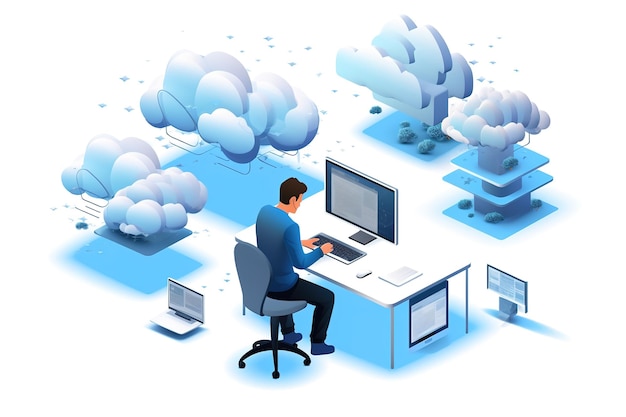 Isometric Cloud Technology People Working From Office Global Outsourcing People Using Cloud