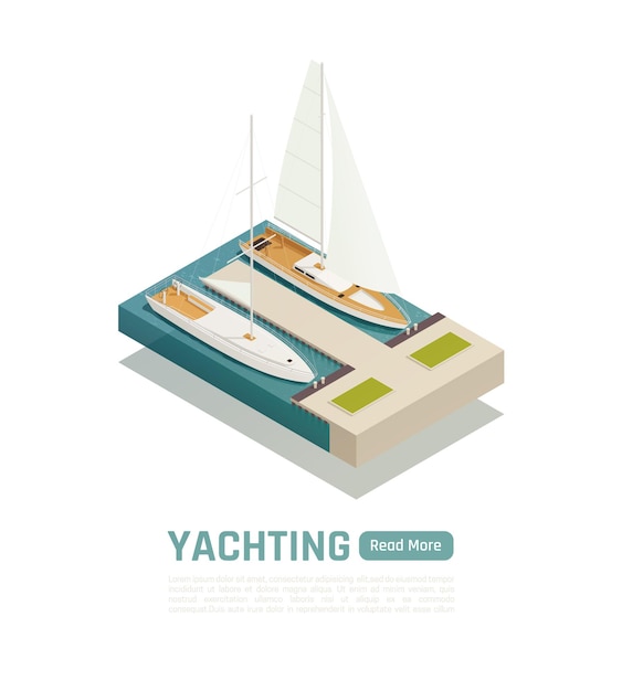 Isometric and colored yachting illustration with two yachts anchored and read more button