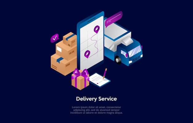 Isometric Composition In Cartoon 3D Style of Delivery Service Concept