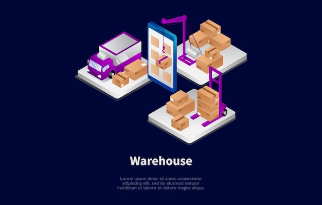 Vector isometric composition in cartoon 3d style of warehouse working process