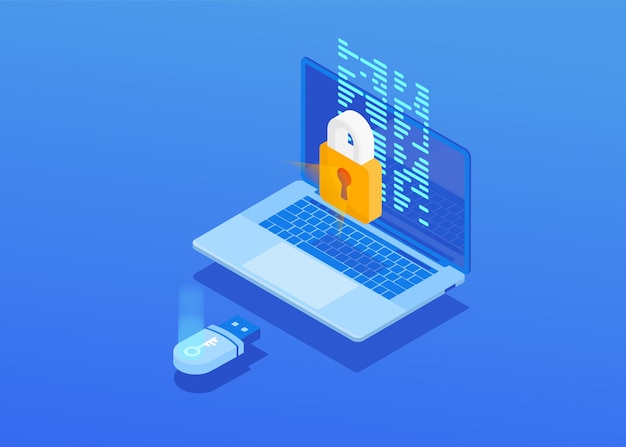 Isometric  composition of laptop screen of with a closed lock, flash card on a blue background.