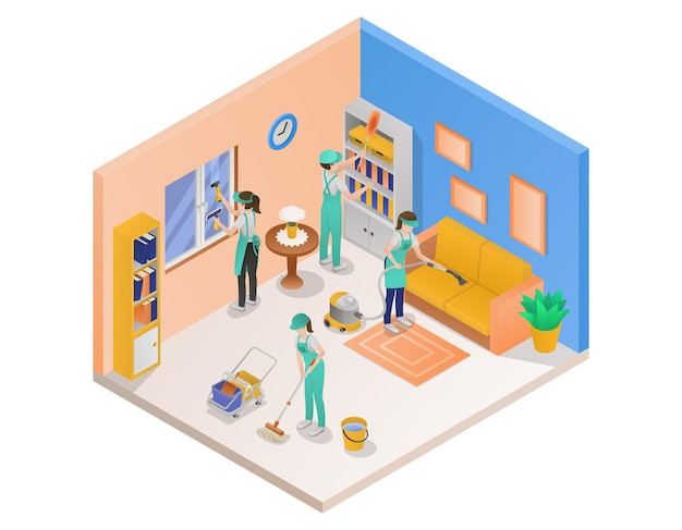 Isometric composition of professional cleaning service