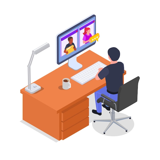 Isometric composition of remote management with male character working remotely on computer