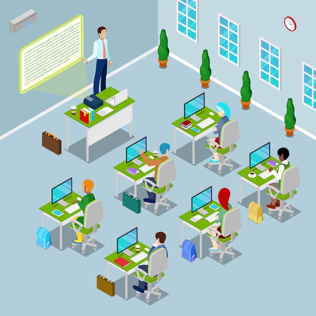 Isometric Computer Classroom with Teacher and Students on Lection.