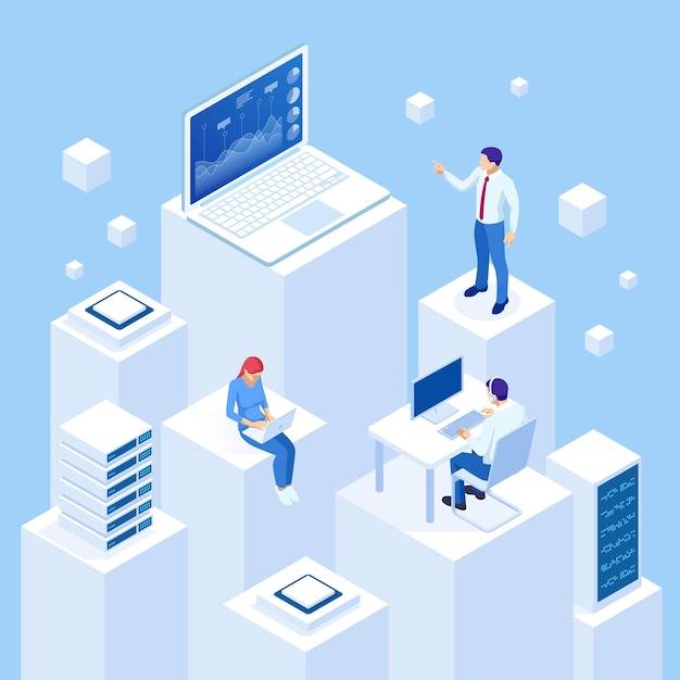 Isometric concept of business analysis analytics research strategy statistic planning marketing study of performance indicators