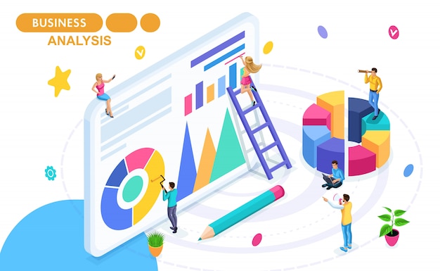 Isometric Concept of data collection and analysis, statistics collection and reports. Isometric people in motion. Concepts for web banners and printed materials