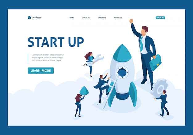 Isometric The concept development and startup business. Businessmen create a rocket. Website Template Landing page