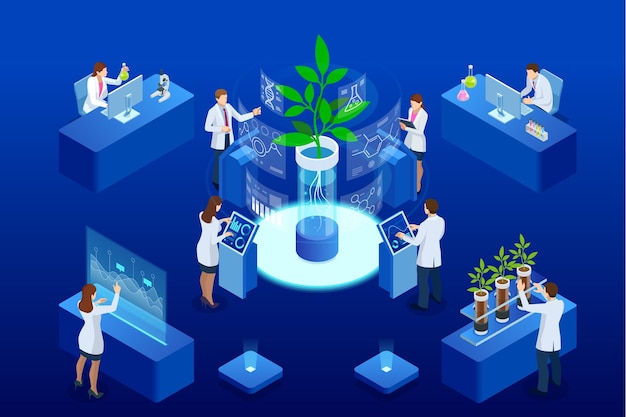 Isometric concept of laboratory exploring new methods of plant breeding and agricultural genetics Plants growing in the test tubes