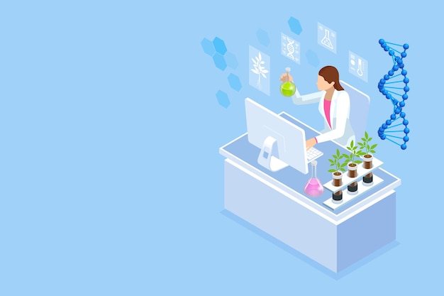 Isometric concept of laboratory exploring new methods of plant breeding and agricultural genetics Plants growing in the test tubes