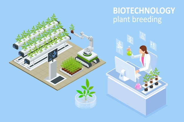 Vector isometric concept of laboratory exploring new methods of plant breeding and agricultural genetics vegetable hydroponic system agriculture in the greenhouse organic for health food