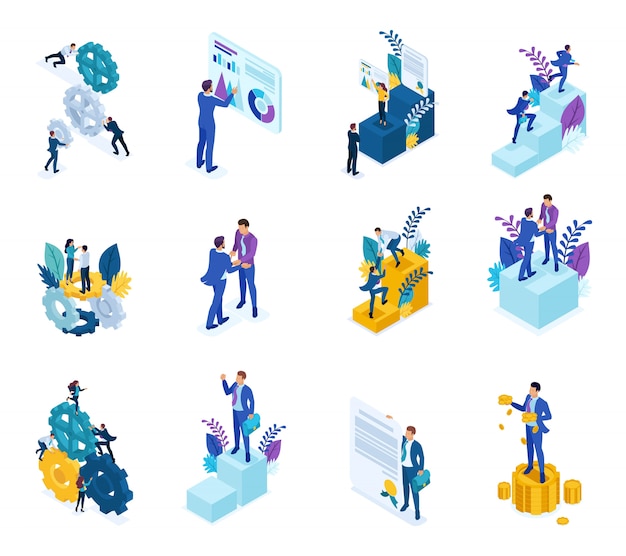 Isometric concept of the mechanism of business operation, Analytics data, to achieve the goal . 