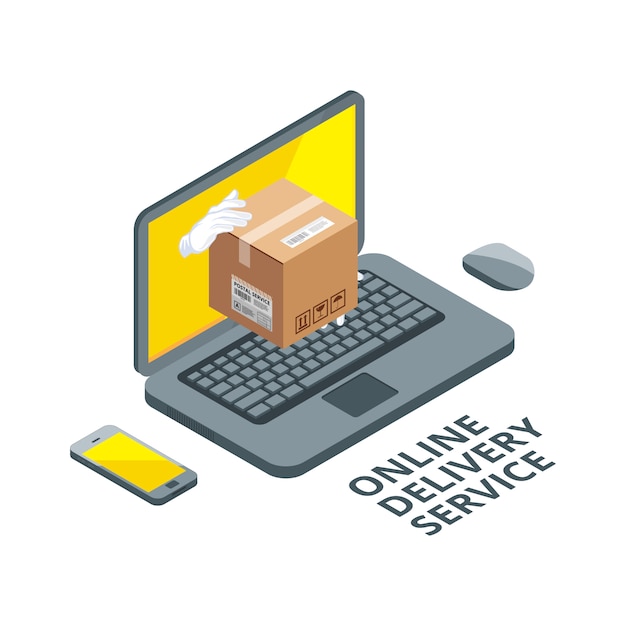 Vector isometric concept picture of online delivery. real package from laptop screen