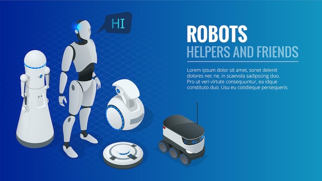 Isometric concept robot programming. Robots helpers and friends. Future concept vector Illustration