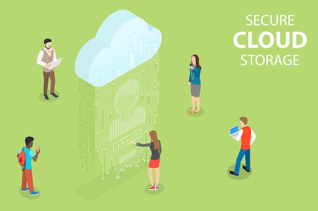  isometric  concept of secure cloud storage, big data, online computing service, mobile device sync.