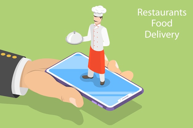  isometric  concept of table online reservation, mobile booking, food ordering and delivery.