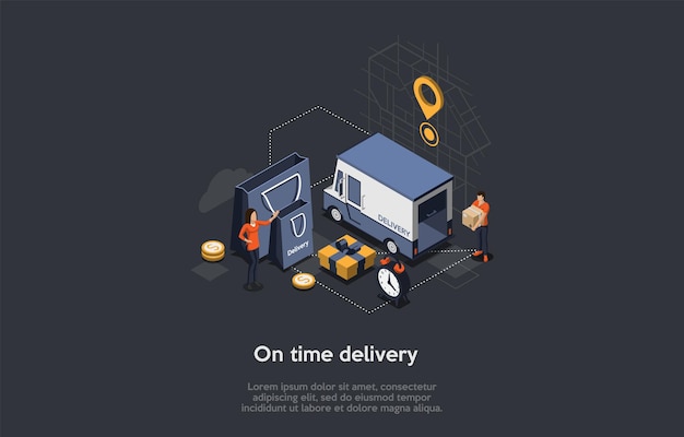 Vector isometric concept of on time delivery illustration.