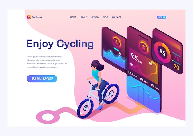 Isometric concept young girl on bike a mobile app tracks the workout the GPS signal Landing page