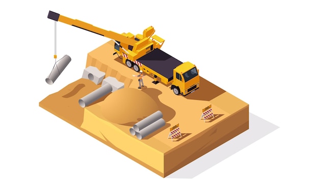 Isometric construction site with crane truck worker and concrete pipes on a white background Vector illustration of a building concept Vector illustration