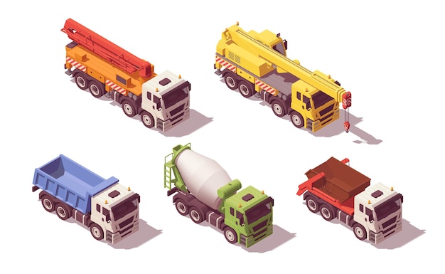 Isometric construction trucks set Vector illustration