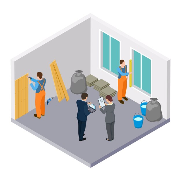 Vector isometric construction workers, room repair isometric  illustration