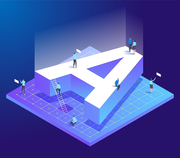 Isometric creative font with Letter A and small people