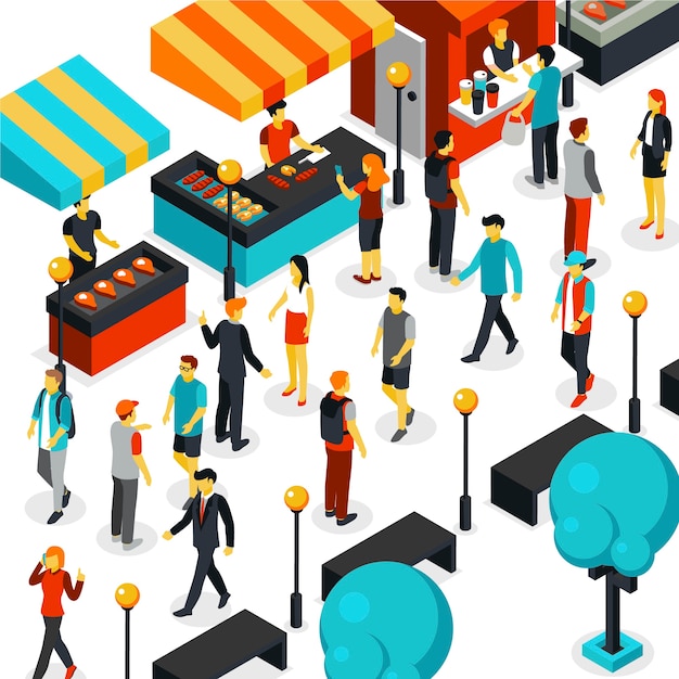 Isometric crowd of people walking illustration