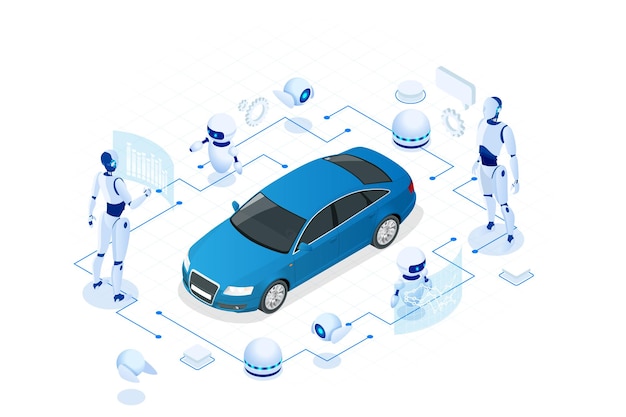 Isometric Cybernetic Robots works with a virtual interface in augmented reality Virtual computer development of a car model using artificial intelligence Future concept