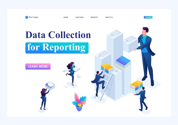 Isometric Data collection for reporting audit company in tax period Landing page concepts and web design