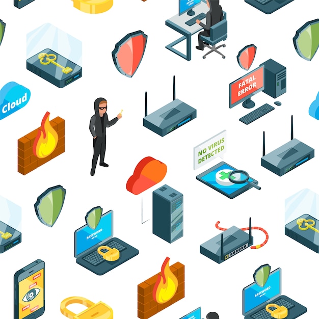  isometric data and computer safety icons pattern or 