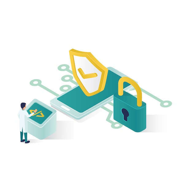 Isometric data security illustration, people data security in isometric style design.