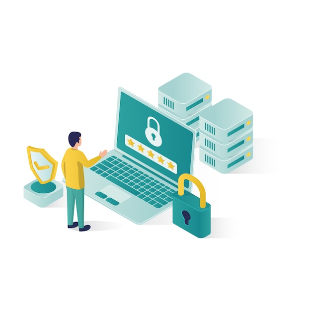 .Isometric data security illustration, people data security in isometric style design