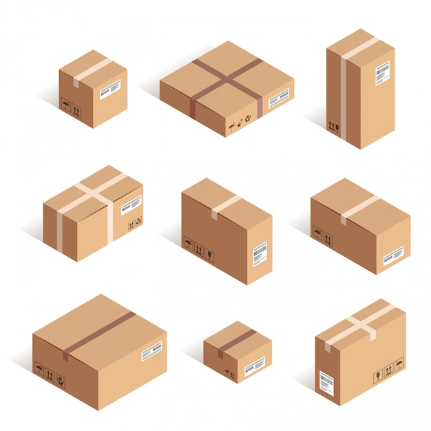 Isometric delivery carton box set isolated