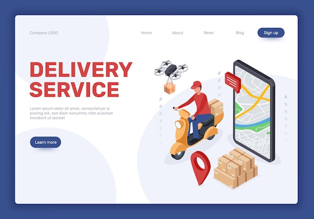 Isometric delivery service landing page online shopping drone delivering packages courier on scooter