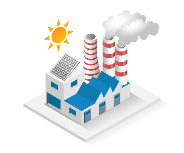 Isometric design concept illustration factory building with chimney equipped with solar energy panels