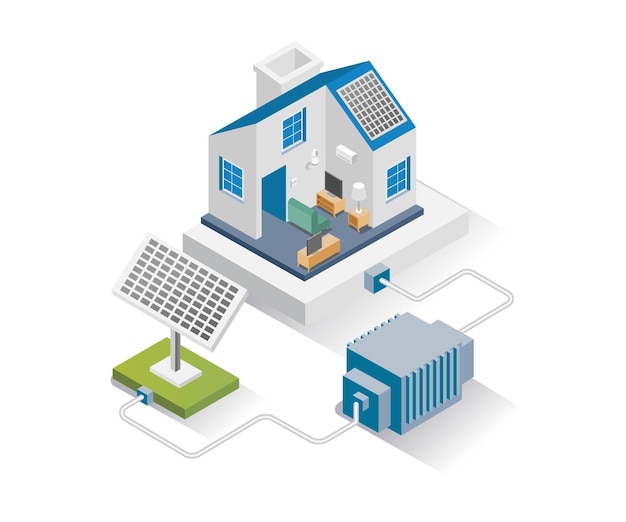 Isometric design concept illustration house with solar energy storage panels