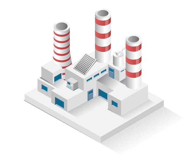 Isometric design concept illustration industrial buildings with chimneys equipped with solar panels