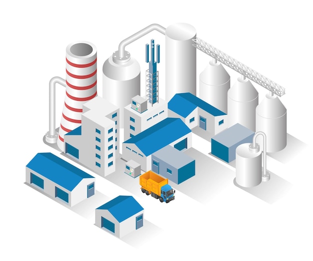 Isometric design concept illustration oil and gas factory pipes and tanks