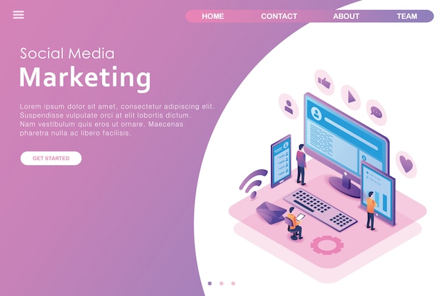 isometric design landing page social media